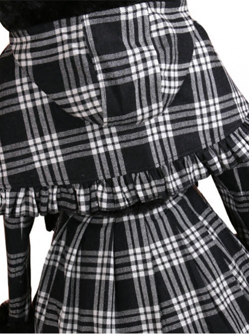 Double-breasted Black Lattices Cute Lolita Women Winter Woolen Hooded Coat