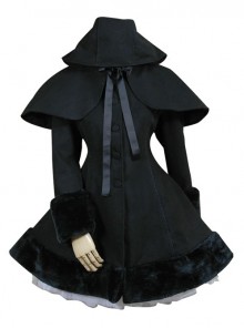 Black Hooded Shawl Corset Binding Bands Lovely Lolita Woolen Coat