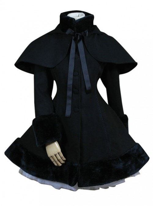 Black Hooded Shawl Corset Binding Bands Lovely Lolita Woolen Coat