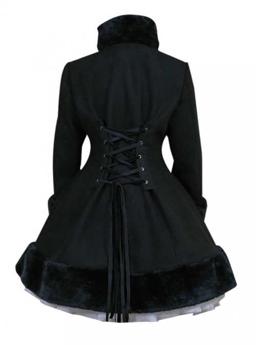 Black Hooded Shawl Corset Binding Bands Lovely Lolita Woolen Coat