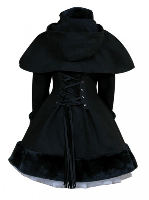 Black Hooded Shawl Corset Binding Bands Lovely Lolita Woolen Coat