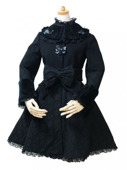 Black Lace Retro Large Bowknot Woolen Lolita Coat