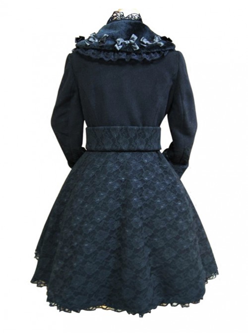 Black Lace Retro Large Bowknot Woolen Lolita Coat