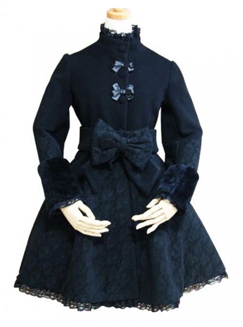 Black Lace Retro Large Bowknot Woolen Lolita Coat