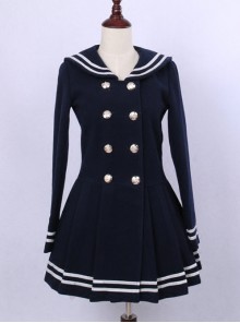 College Style Deep Blue Double-breasted Navy Collar Pleated Skirt Pendulum Woolen Lolita Coat