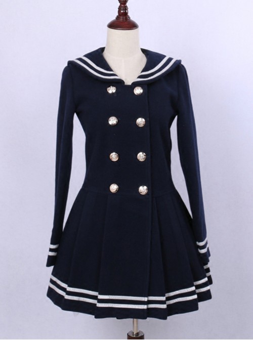 College Style Deep Blue Double-breasted Navy Collar Pleated Skirt Pendulum Woolen Lolita Coat