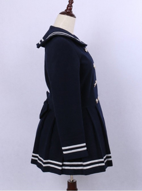 College Style Deep Blue Double-breasted Navy Collar Pleated Skirt Pendulum Woolen Lolita Coat