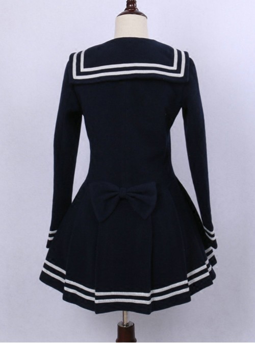 College Style Deep Blue Double-breasted Navy Collar Pleated Skirt Pendulum Woolen Lolita Coat