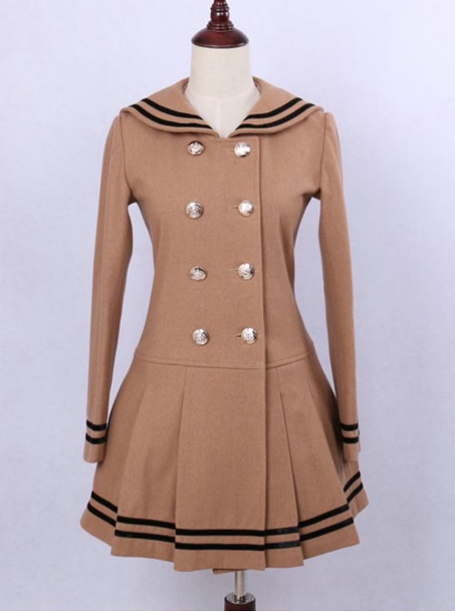 College Style Light Tan Double-breasted Navy Collar Pleated Skirt Pendulum Woolen Lolita Coat