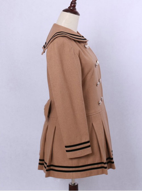 College Style Light Tan Double-breasted Navy Collar Pleated Skirt Pendulum Woolen Lolita Coat