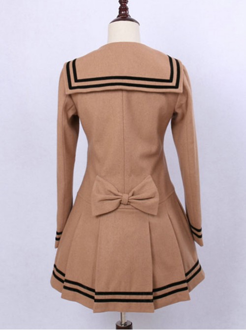 College Style Light Tan Double-breasted Navy Collar Pleated Skirt Pendulum Woolen Lolita Coat