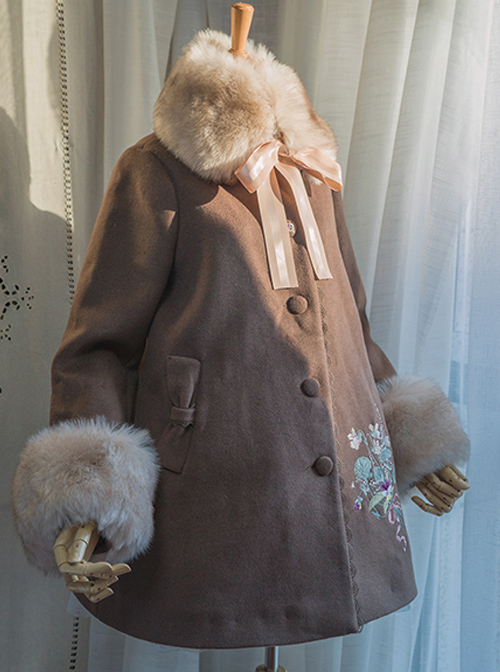 Gentle Pure Color Embroidery Classic Lolita Fur Collar Woolen Coat