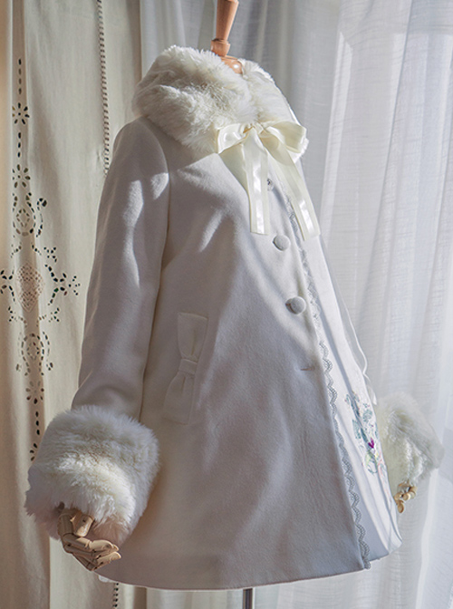 Gentle Pure Color Embroidery Classic Lolita Fur Collar Woolen Coat