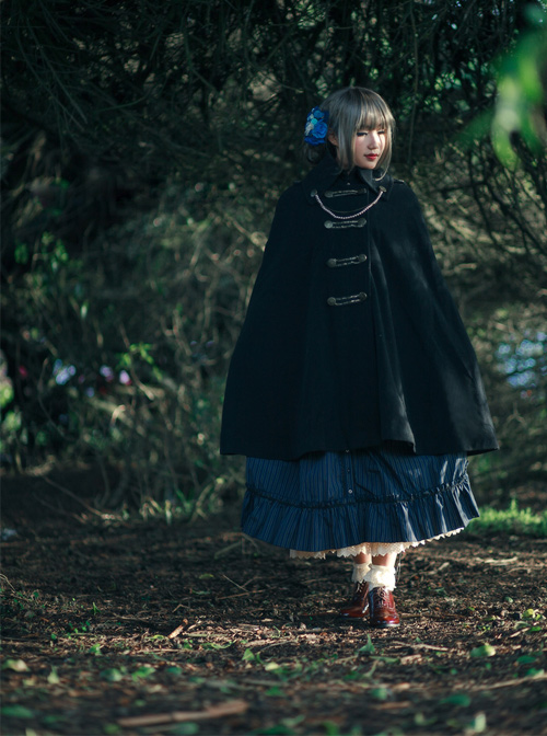 Black Lady Gothic Lolita Round-neck Wool Long Cloak