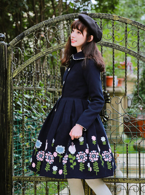 Miss Point Retro Wool Embroidery Cute Doll Collar Lolita Navy Blue Coat