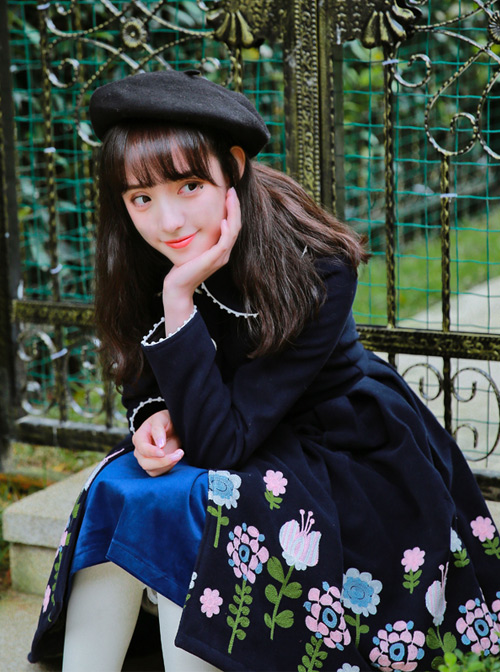 Miss Point Retro Wool Embroidery Cute Doll Collar Lolita Navy Blue Coat