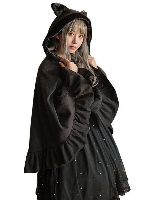 Plus Velvet Thickening Woolen Cat Ears Bowknot Lolita Pocket Cloak