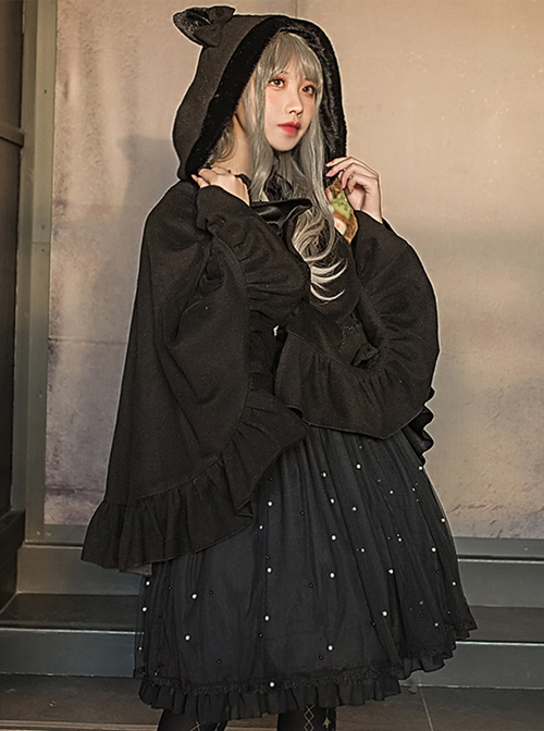 Plus Velvet Thickening Woolen Cat Ears Bowknot Lolita Pocket Cloak