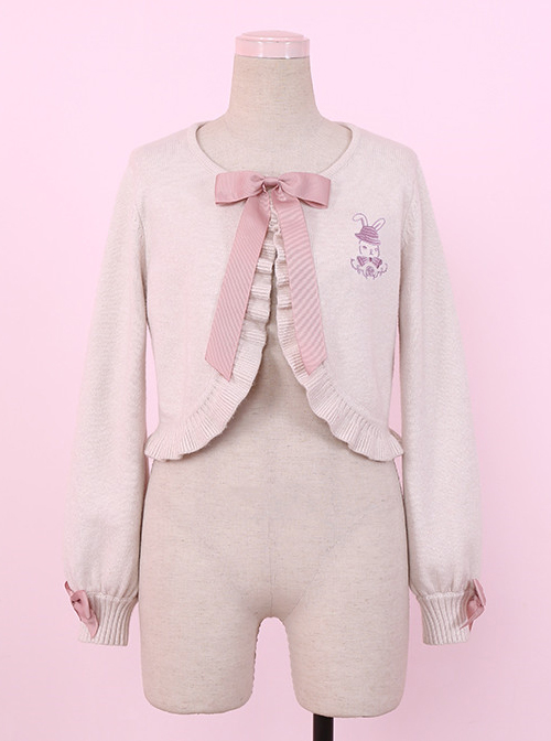 Retro Doll Rabbit Embroidery Short Detachable Fur Collar Lolita Knitted Cardigan
