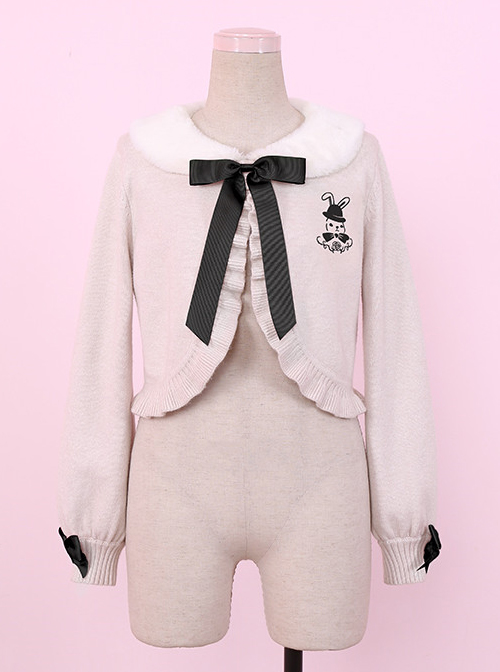 Retro Doll Rabbit Embroidery Short Detachable Fur Collar Lolita Knitted Cardigan