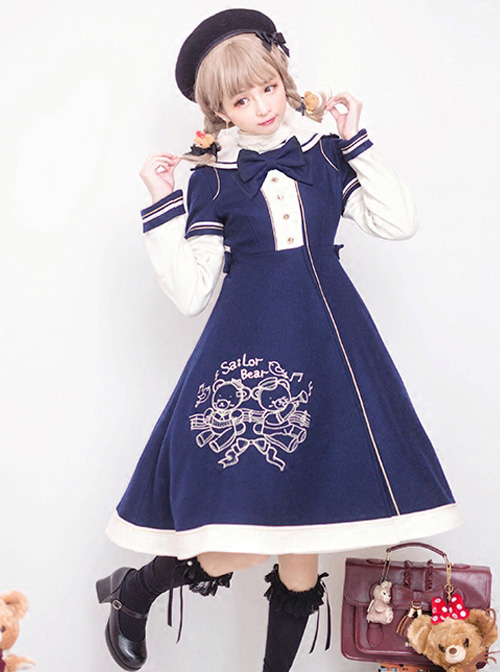 Bear Embroidered Bowknot Sweet Lolita Woolen Coat