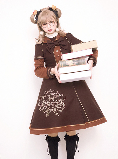 Bear Embroidered Bowknot Sweet Lolita Woolen Coat