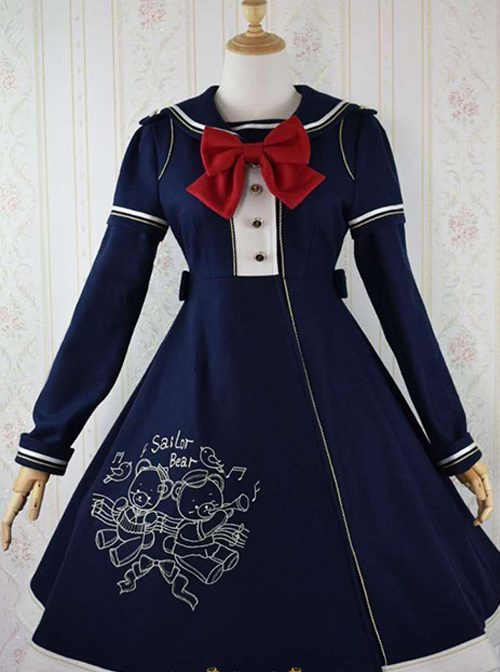 Bear Embroidered Bowknot Sweet Lolita Woolen Coat