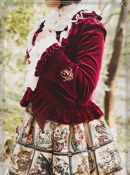 Cat's Playful Courtyard Series Wine Red Classic Lolita Small Coat