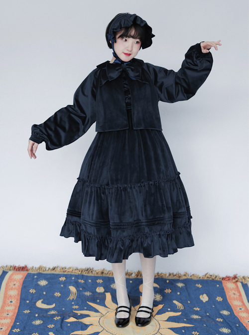 Pure Color Velvet Bowknot Lolita Loose Short Coat