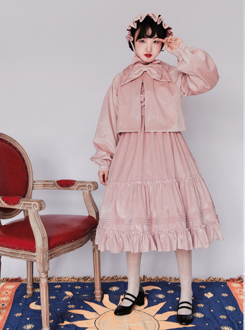 Pure Color Velvet Bowknot Lolita Loose Short Coat