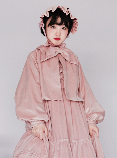 Pure Color Velvet Bowknot Lolita Loose Short Coat