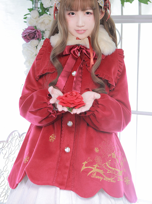 Winter High Waist Petal Edge Sweet Lolita Fur Collar Coat