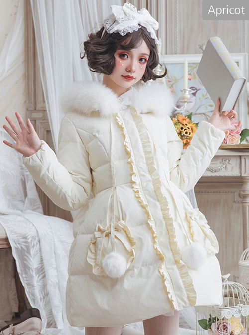 Cute Pure Color Ruffle Sweet Lolita Down Jacket With Detachable Fur Collar