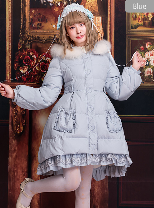 White Duck Down Pure Color Sweet Lolita Down Jacket With Detachable Fur Collar