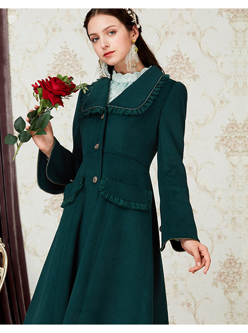 Retro Ruffle Doll Collar Classic Lolita Green Woolen Coat