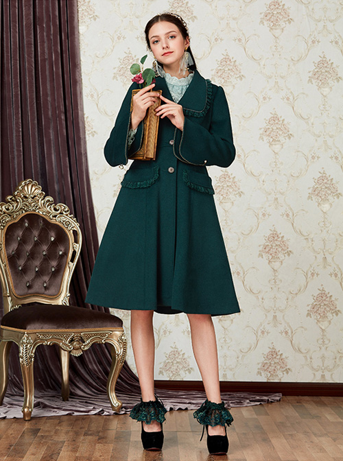 Retro Ruffle Doll Collar Classic Lolita Green Woolen Coat