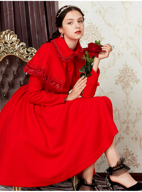 Red Single Breasted Classic Lolita Double-faced Cashmere Cloak Coat