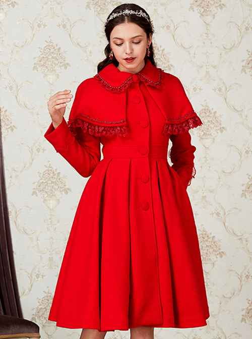 Red Single Breasted Classic Lolita Double-faced Cashmere Cloak Coat