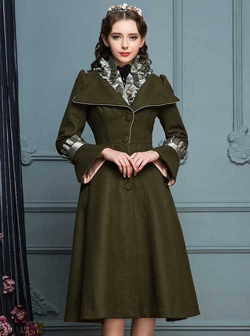 Ruffle V Collar Classic Lolita Army Green Coat