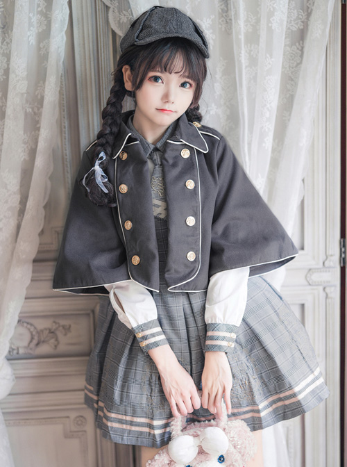 Little Bear Detective School Lolita Double-Breasted Gray Cloak