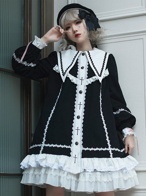 Rose-Cross Series Ruffle Hem Gothic Lolita Medium Length Coat