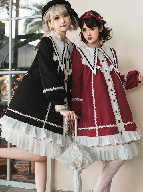 Rose-Cross Series Ruffle Hem Gothic Lolita Medium Length Coat