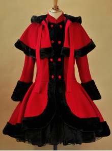 Thicken Red Slim Sweet Lolita Coat And Hooded Shawl Set