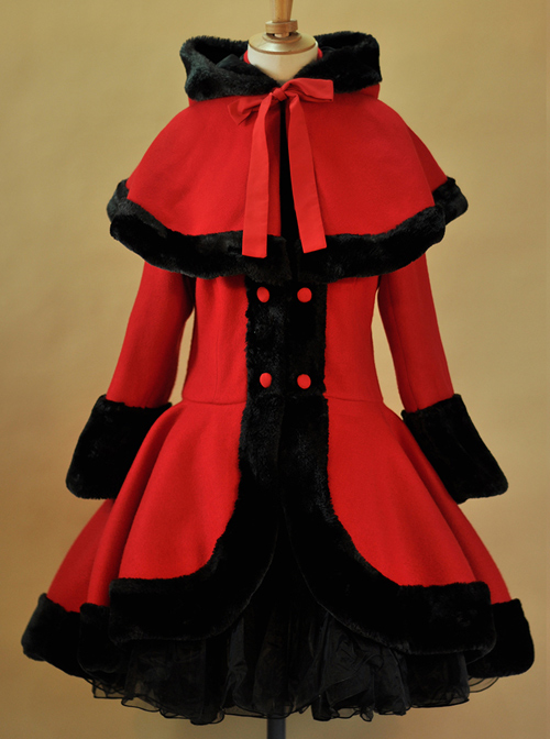 Thicken Red Slim Sweet Lolita Coat And Hooded Shawl Set