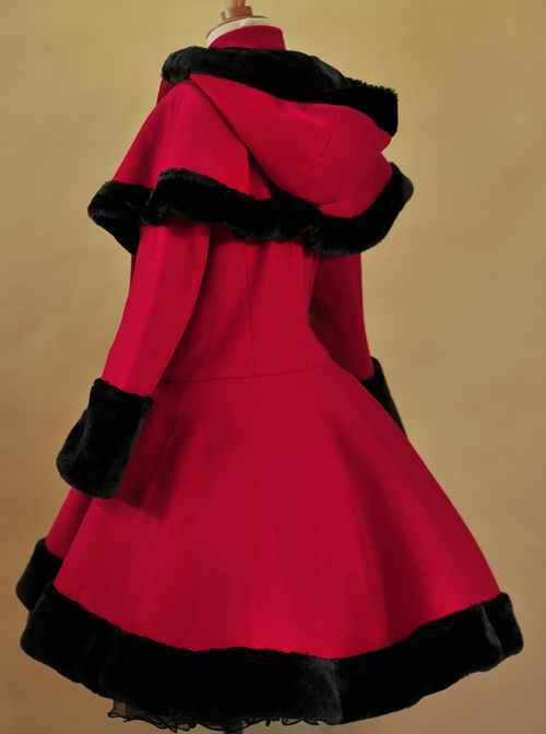 Thicken Red Slim Sweet Lolita Coat And Hooded Shawl Set