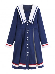 Autumn Winter Blue Navy Collar Thick Style School Lolita Coat