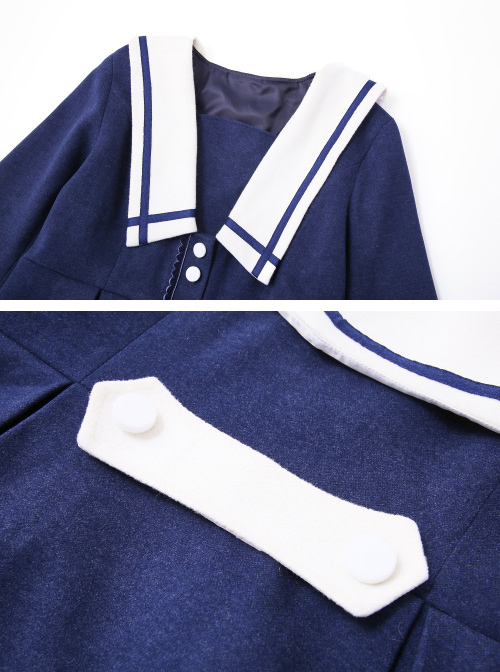 Autumn Winter Blue Navy Collar Thick Style School Lolita Coat