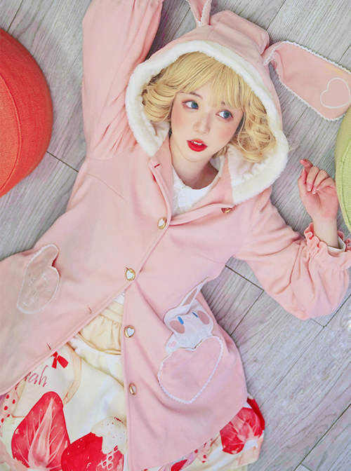 Cute Pink Rabbit Ears Sweet Lolita Woolen Coat