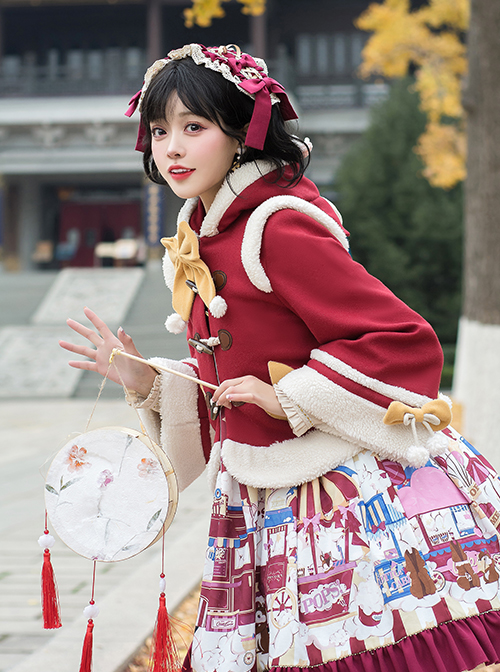 Cute Calf Red Hooded Sweet Lolita Autumn Winter Thicken Short Coat