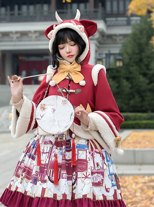 Cute Calf Red Hooded Sweet Lolita Autumn Winter Thicken Short Coat